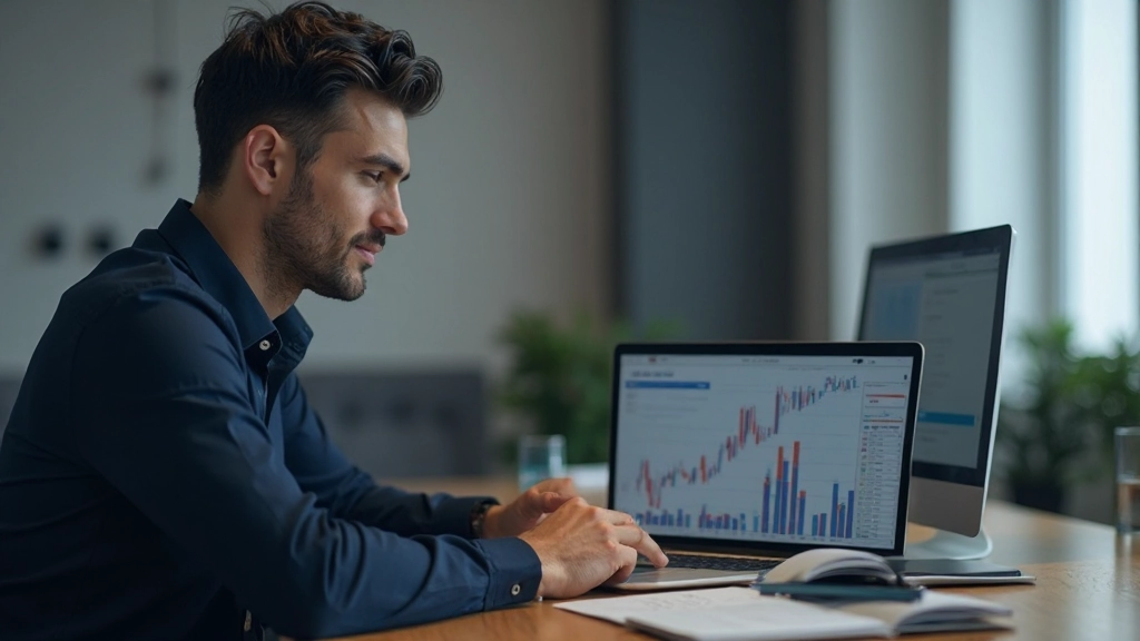Профессиональное фото мужчины, анализирующего финансовые диаграммы на ноутбуке