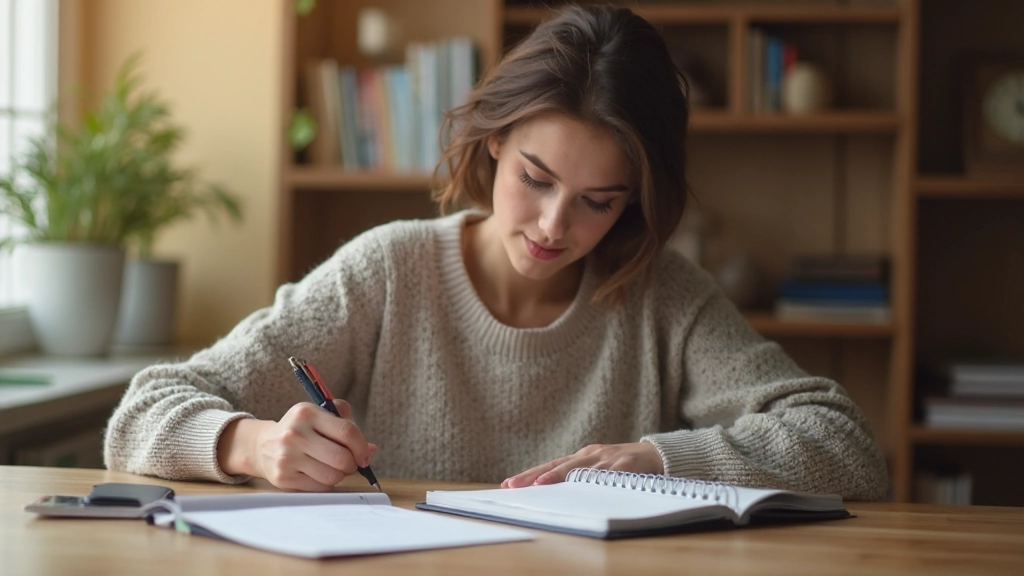 Профессиональное фото молодой женщины, ведущей учёт расходов в блокноте за столом