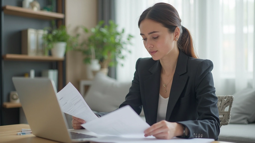 Профессиональное фото молодой женщины, изучающей финансовые документы за столом с ноутбуком
